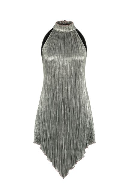 Metalik Halter Yaka Mini Asimetrik Elbise