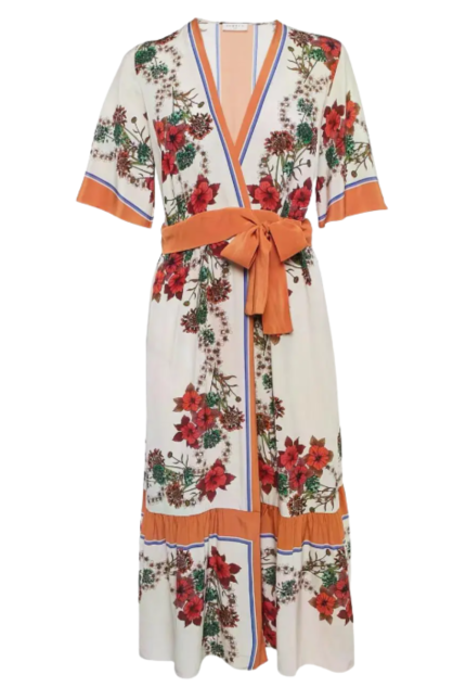 Floral-Print Wrap Kruvaze Midi Elbise